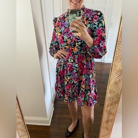 Shein Vibrant Floral Long Sleeve Ruffle Dress Black Pink Multicolored Curve 1X - Picture 2 of 9